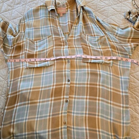 Show Me Your MUMU Leo Tunic Duster Women's S Blue Tan Plaid Button Up READ - Picture 10 of 12